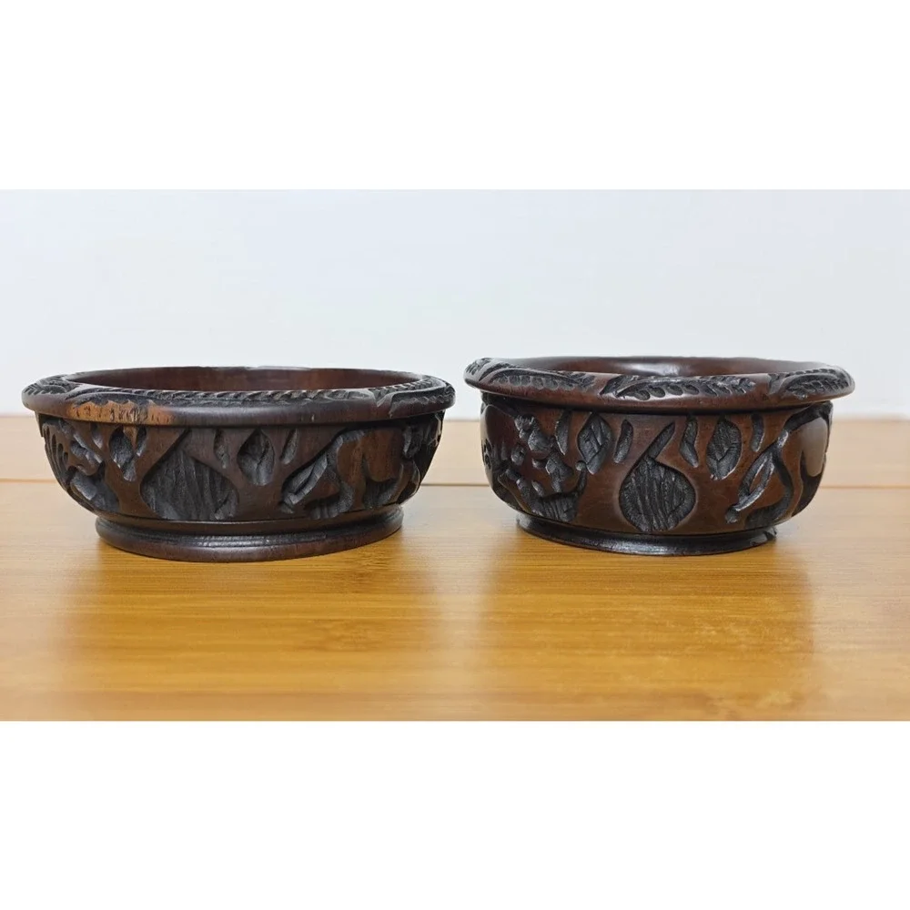 Hand Carved Wood Bowls with African Animals 4 In Diameter Elephant Rhino Lion‎